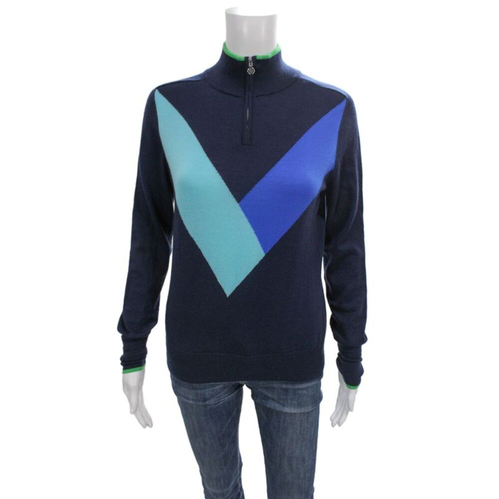 G/Fore Women Pullover Sweater Blue Cashmere Blend Geometric Golf Size S